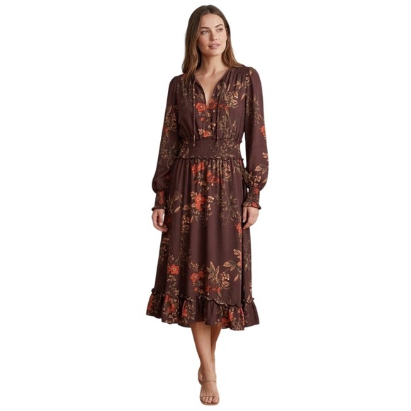 H&M Dresses & Skirts - H&M Women's Size 6 Floral Smocked Brown Long Sleeve Ruffle Hem Boho Maxi Dress